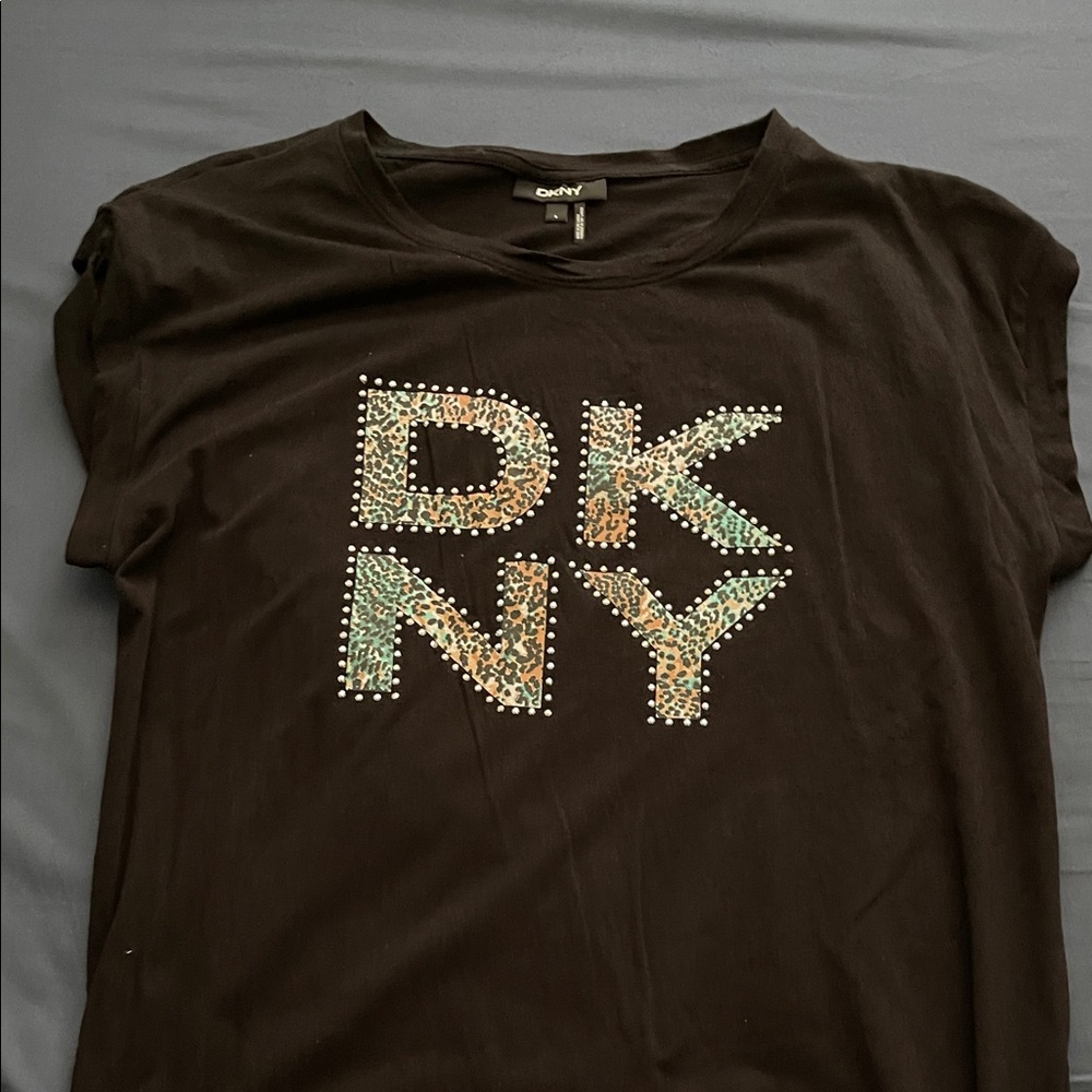 DKNY Long Solid Black Tee with Multicolor Sequin, RhineStone